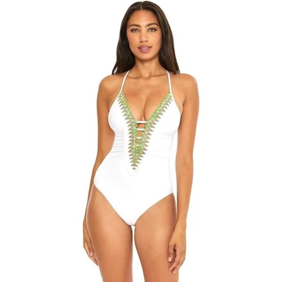 BECCA "Layla" plunge one-piece womens white swimsuit sz Large - Picture 1 of 7